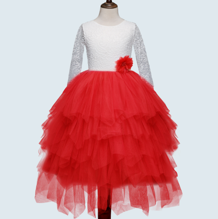 Children's Skirt Lace Long-sleeved Girls White Princess Irregular Dress-Dress-ridibi