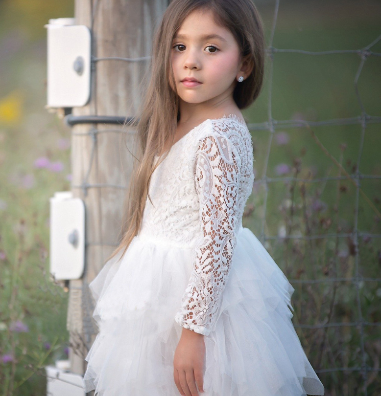 Children's Skirt Lace Long-sleeved Girls White Princess Irregular Dress-Dress-ridibi