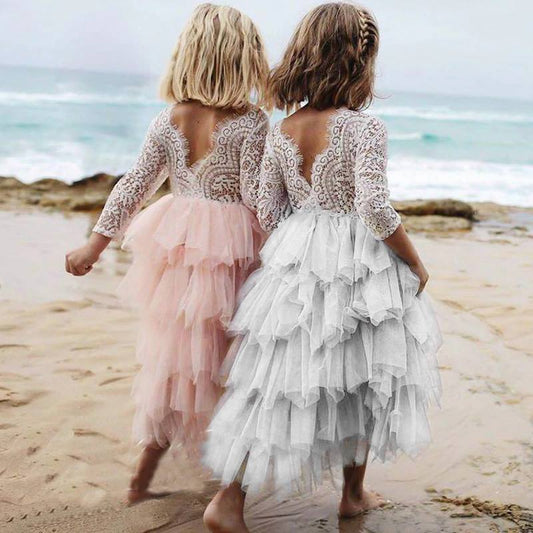 Children's Skirt Lace Long-sleeved Girls White Princess Irregular Dress-Dress-ridibi