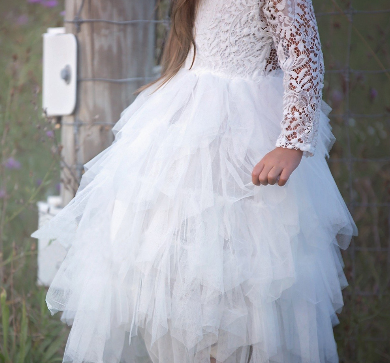 Children's Skirt Lace Long-sleeved Girls White Princess Irregular Dress-Dress-ridibi