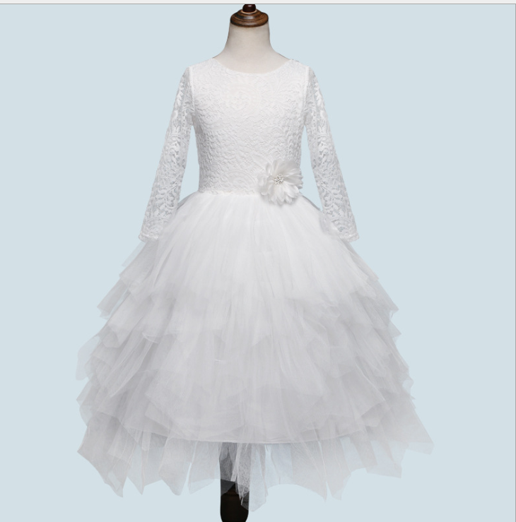 Children's Skirt Lace Long-sleeved Girls White Princess Irregular Dress-Dress-ridibi