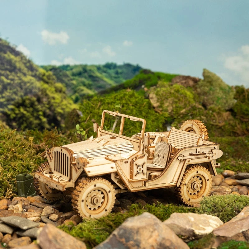 Robotime ROKR Army Jeep Car 3D Wooden Puzzle Model Toys Building Kits for Children Kids Birthday-Toys-ridibi