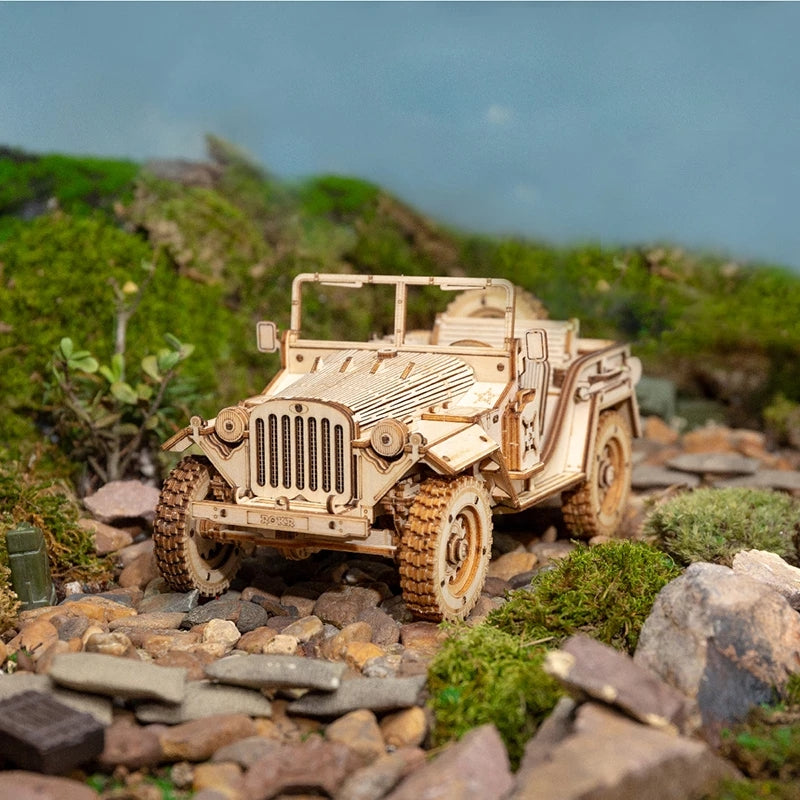 Robotime ROKR Army Jeep Car 3D Wooden Puzzle Model Toys Building Kits for Children Kids Birthday-Toys-ridibi