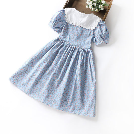 Girls' Big Kids Short-sleeved Cotton Floral Skirt-Dress-ridibi