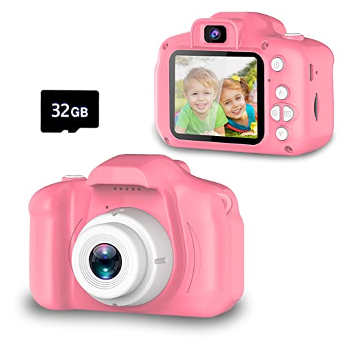 Kids Selfie Camera, Christmas Birthday Gifts for Girls Age 3-9, HD Digital Video Cameras for Toddler, Portable Toy for 3 4 5 6 7 8 Year Old Girl with 32GB SD Card-Pink-Video & DVD Players-ridibi