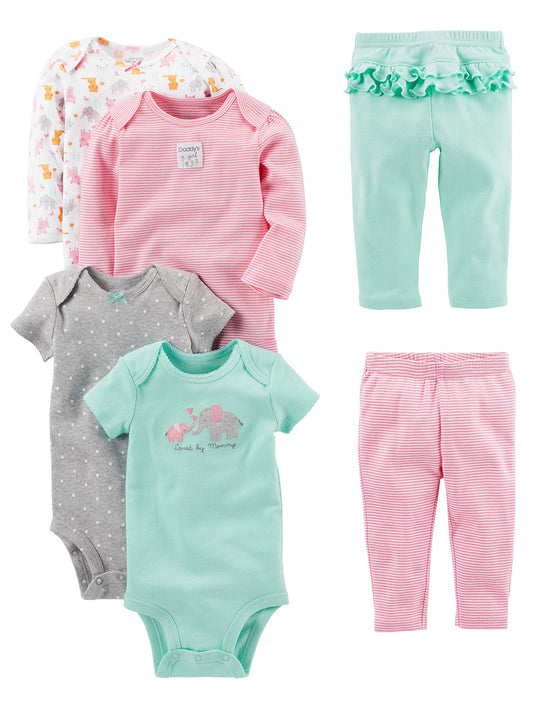 Carter's Baby Girls' 6-Piece Bodysuits (Short and Long Sleeve) and Pants Set-Bodysuits-ridibi