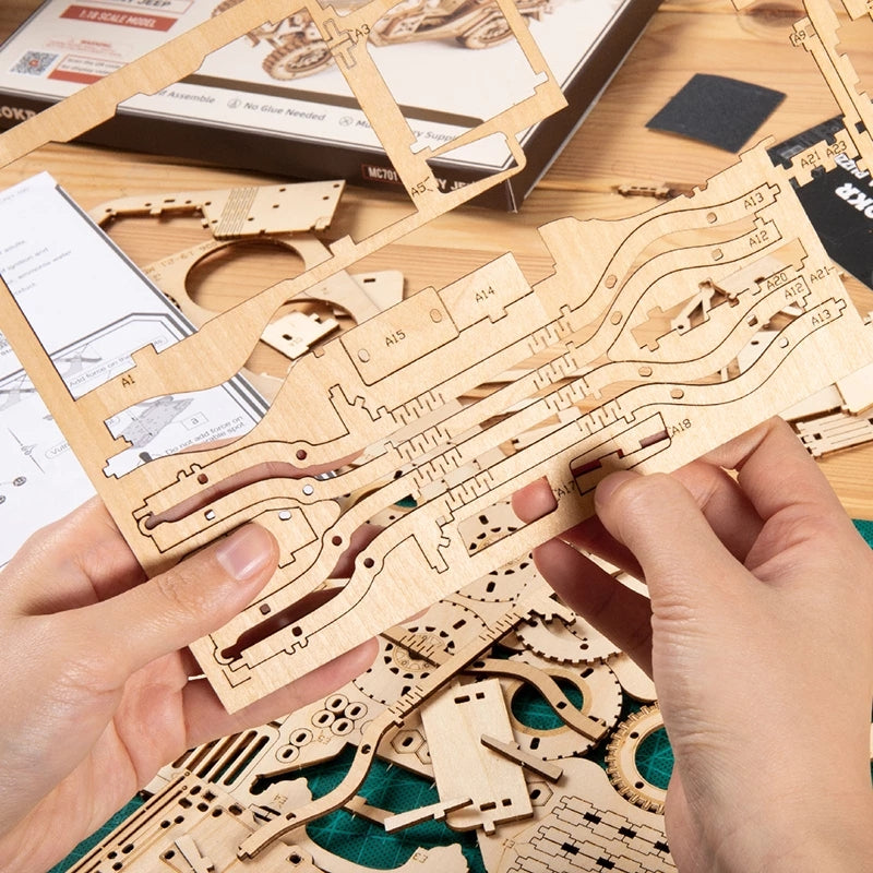 Robotime ROKR Army Jeep Car 3D Wooden Puzzle Model Toys Building Kits for Children Kids Birthday-Toys-ridibi