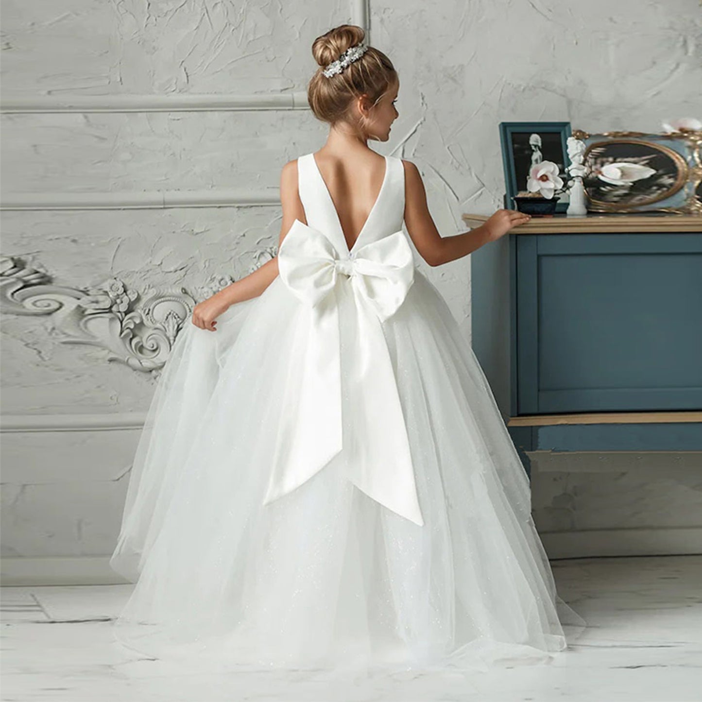 White Bridesmaid Dress Long Formal Dress 5-12 Yrs Big Girls-Dress-ridibi