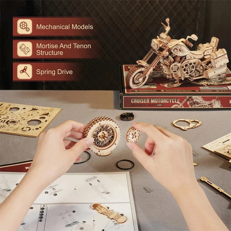 Robotime Rokr Cruiser Motorcycle DIY Wooden Model 420 Pcs Building Block Kits Funny Toys Gifts For Children Adults-Toys-ridibi