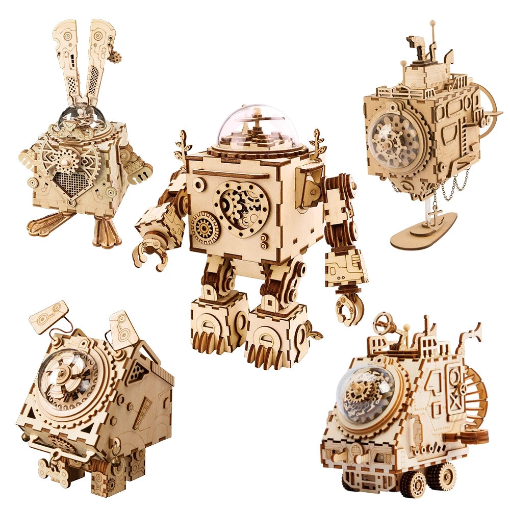 Robotime ROKR Robot Steampunk Music Box 3D Wooden Puzzle Assembled Model Building Kit Toys For Children Birthday Gift-Toys-ridibi