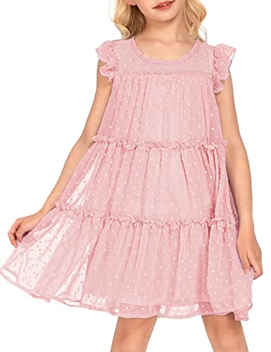 Girl's Summer Dress Flared Sleeve Loose Fit Swiss Dots Flowy Pleated Dress-Back to results-ridibi