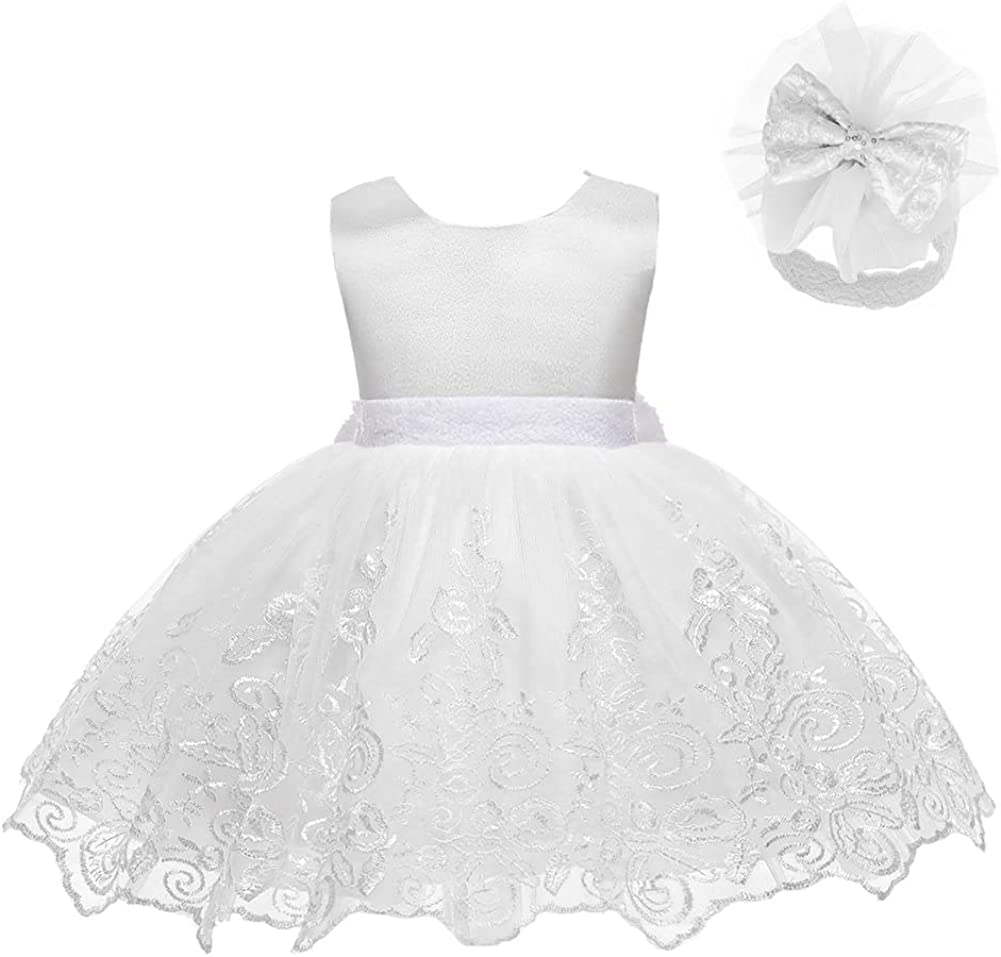 Baby Girls Ruffle Lace Backless with Headwear,Bowknot Flower Dresses Pageant Party Wedding Baby Girl Dress-Dress-ridibi