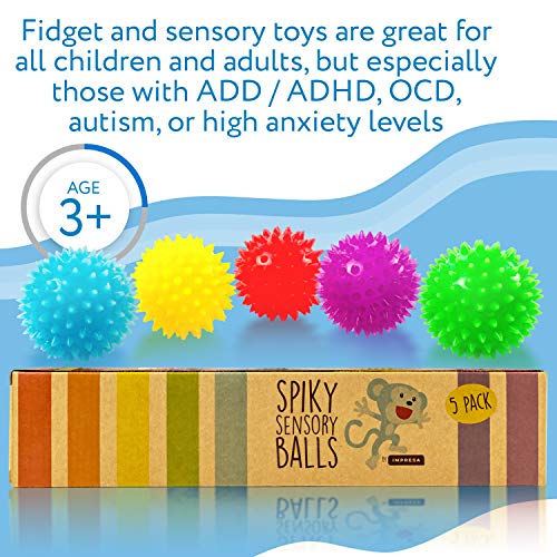 Impresa Products [5 Pack] Spiky Sensory Balls - Squeezy and Bouncy Fidget Toys - Sensory Toys – No BPA Phthalates Latex – School and Special Education Supply-Multi-Item Fidget Toy Packs-ridibi