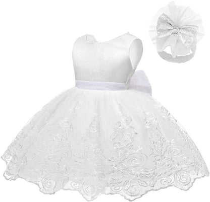 Baby Girls Ruffle Lace Backless with Headwear,Bowknot Flower Dresses Pageant Party Wedding Baby Girl Dress-Dress-ridibi