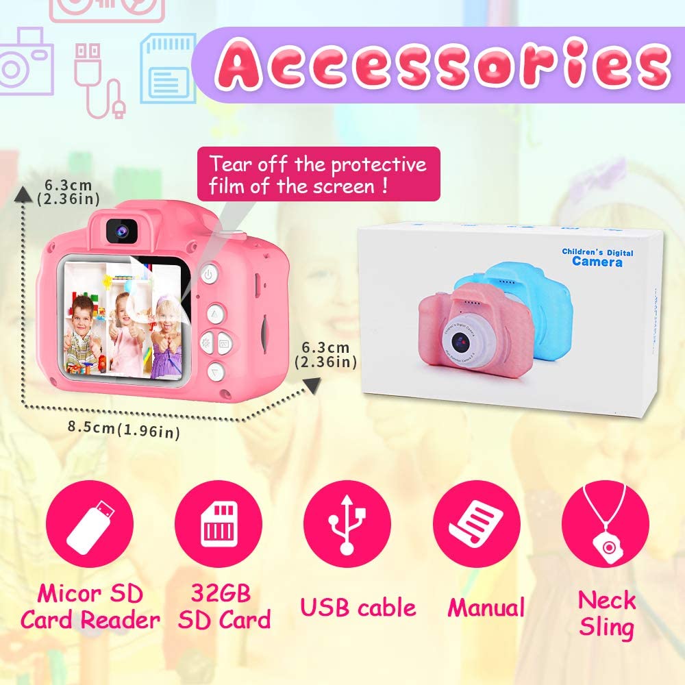 Kids Selfie Camera, Christmas Birthday Gifts for Girls Age 3-9, HD Digital Video Cameras for Toddler, Portable Toy for 3 4 5 6 7 8 Year Old Girl with 32GB SD Card-Pink-Video & DVD Players-ridibi