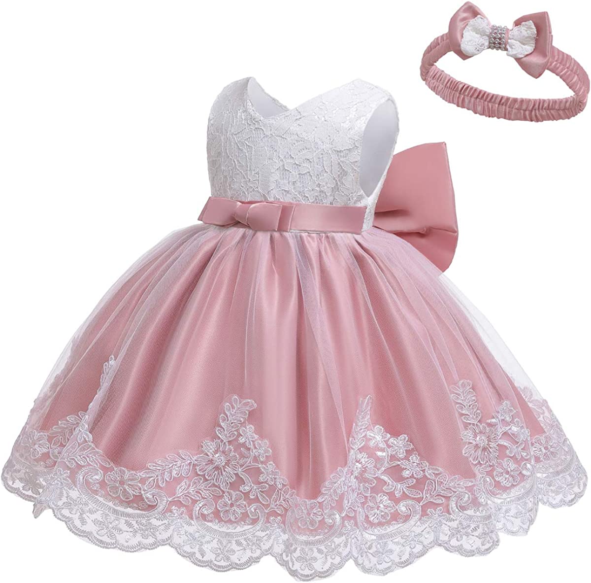 Baby Girls Ruffle Lace Backless with Headwear,Bowknot Flower Dresses Pageant Party Wedding Baby Girl Dress-Dress-ridibi