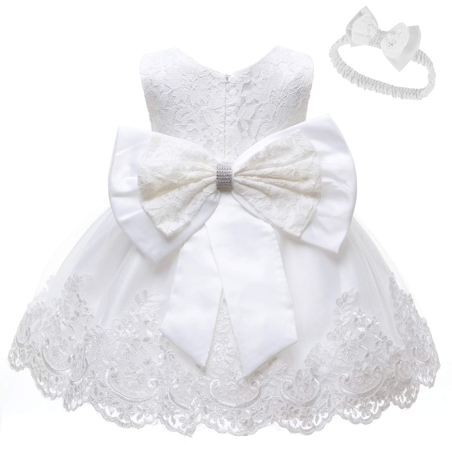 Baby Girls Ruffle Lace Backless with Headwear,Bowknot Flower Dresses Pageant Party Wedding Baby Girl Dress-Dress-ridibi