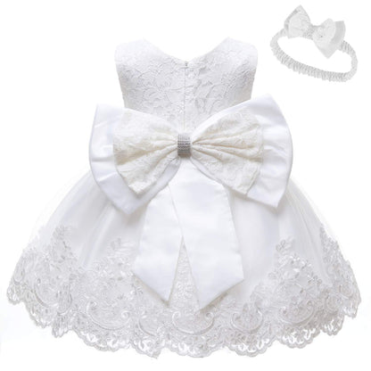 Baby Girls Ruffle Lace Backless with Headwear,Bowknot Flower Dresses Pageant Party Wedding Baby Girl Dress-Dress-ridibi