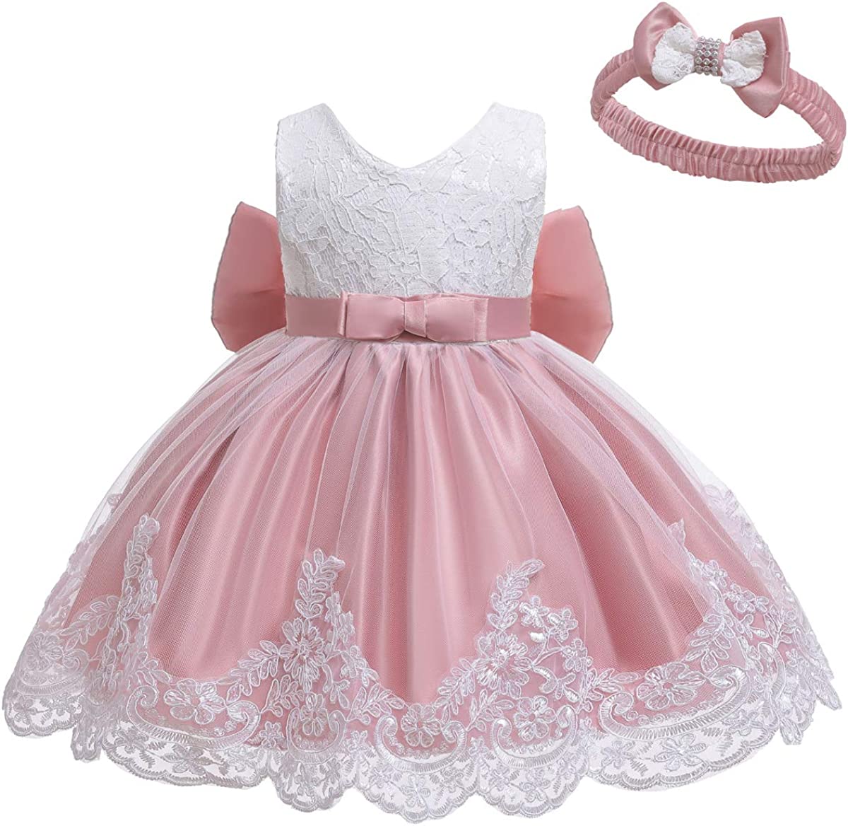 Baby Girls Ruffle Lace Backless with Headwear,Bowknot Flower Dresses Pageant Party Wedding Baby Girl Dress-Dress-ridibi