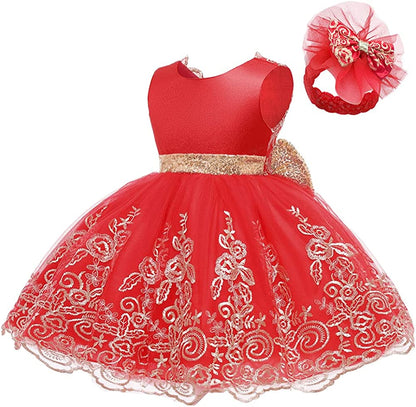 Baby Girls Ruffle Lace Backless with Headwear,Bowknot Flower Dresses Pageant Party Wedding Baby Girl Dress-Dress-ridibi