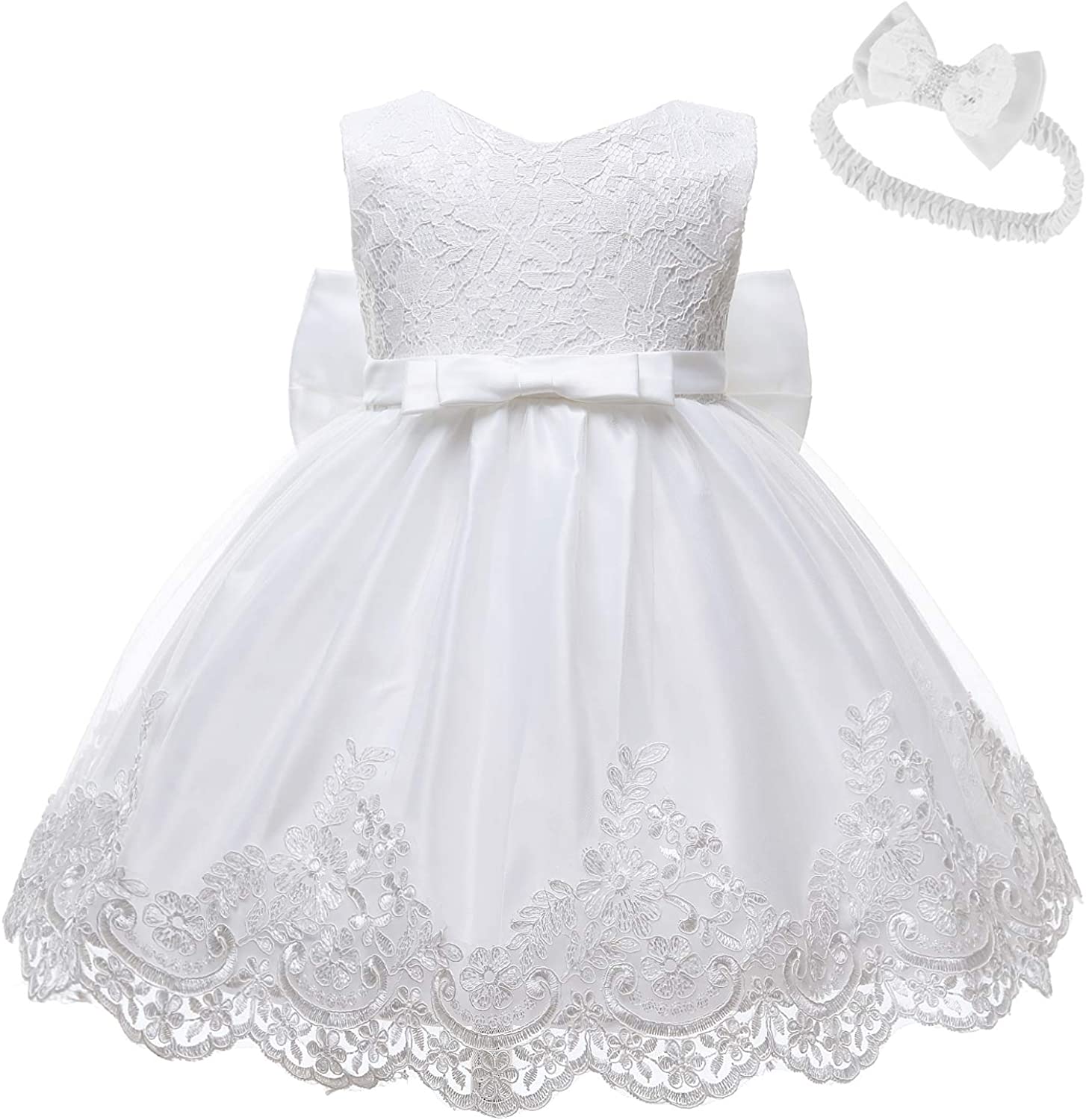 Baby Girls Ruffle Lace Backless with Headwear,Bowknot Flower Dresses Pageant Party Wedding Baby Girl Dress-Dress-ridibi