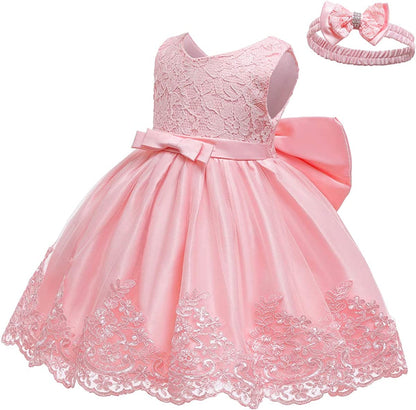 Baby Girls Ruffle Lace Backless with Headwear,Bowknot Flower Dresses Pageant Party Wedding Baby Girl Dress-Dress-ridibi