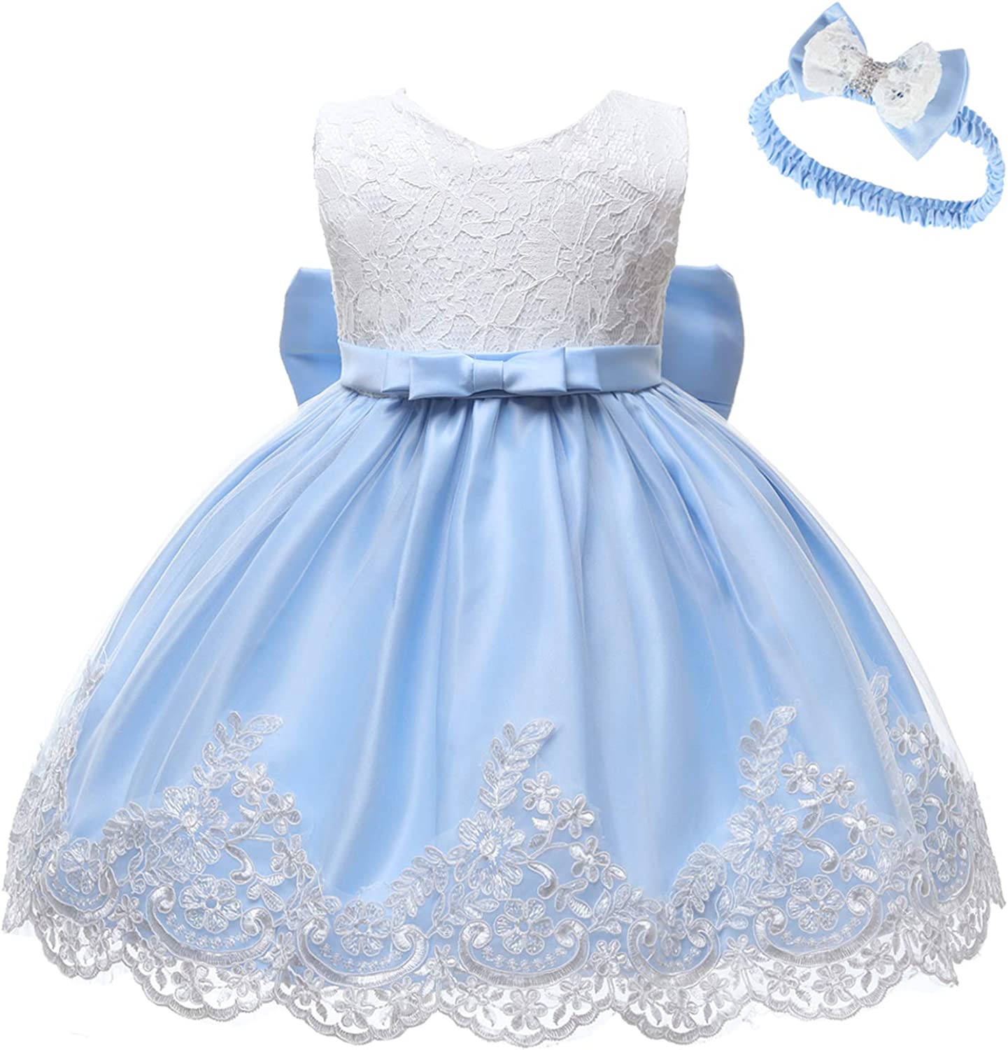 Baby Girls Ruffle Lace Backless with Headwear,Bowknot Flower Dresses Pageant Party Wedding Baby Girl Dress-Dress-ridibi