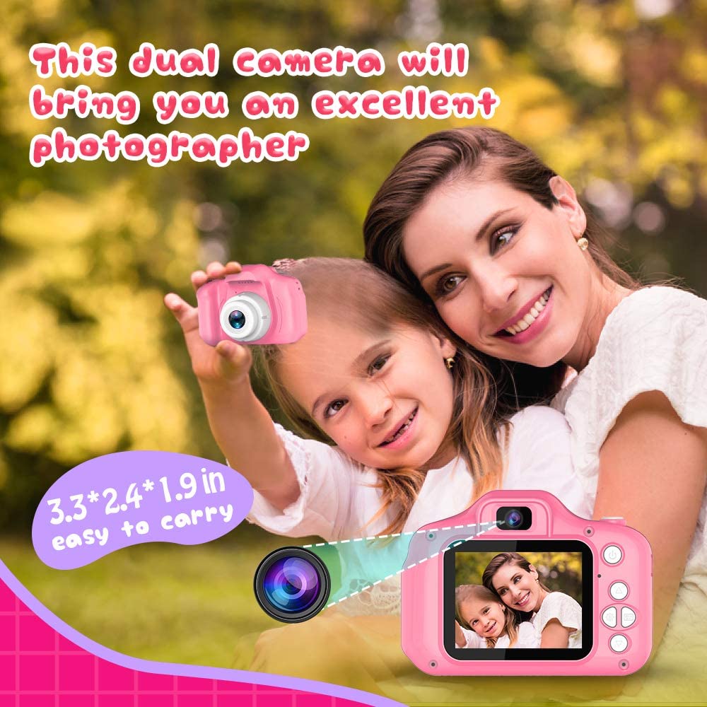 Kids Selfie Camera, Christmas Birthday Gifts for Girls Age 3-9, HD Digital Video Cameras for Toddler, Portable Toy for 3 4 5 6 7 8 Year Old Girl with 32GB SD Card-Pink-Video & DVD Players-ridibi