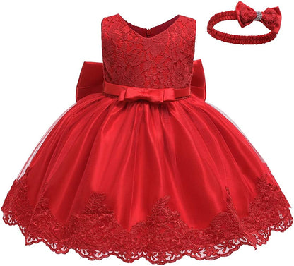 Baby Girls Ruffle Lace Backless with Headwear,Bowknot Flower Dresses Pageant Party Wedding Baby Girl Dress-Dress-ridibi