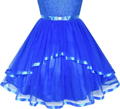 Sunny Fashion Flower Girls Dress Blue Belted Wedding Party Bridesmaid Size 4-12-Dress-ridibi