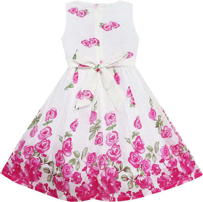 Girls Dress Rose Flower Double Bow Tie Party Sundress-Dress-ridibi