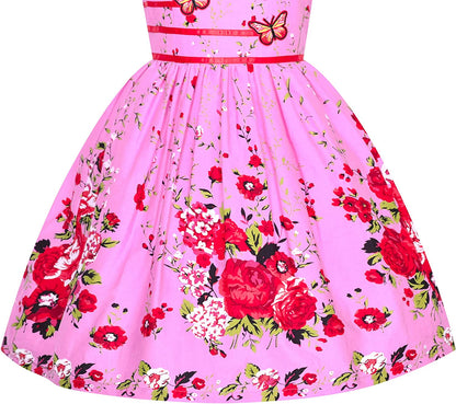 Girls Dress Rose Flower Double Bow Tie Party Sundress-Dress-ridibi