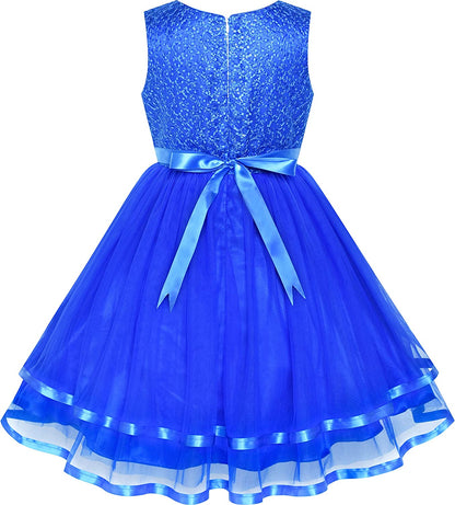 Sunny Fashion Flower Girls Dress Blue Belted Wedding Party Bridesmaid Size 4-12-Dress-ridibi