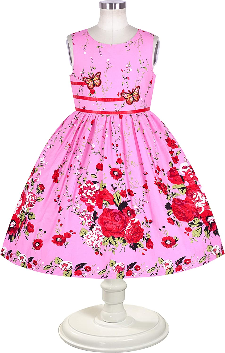 Girls Dress Rose Flower Double Bow Tie Party Sundress-Dress-ridibi