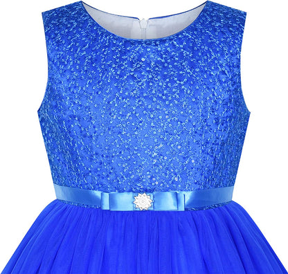 Sunny Fashion Flower Girls Dress Blue Belted Wedding Party Bridesmaid Size 4-12-Dress-ridibi