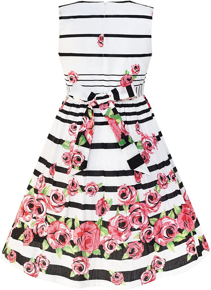 Girls Dress Rose Flower Double Bow Tie Party Sundress-Dress-ridibi