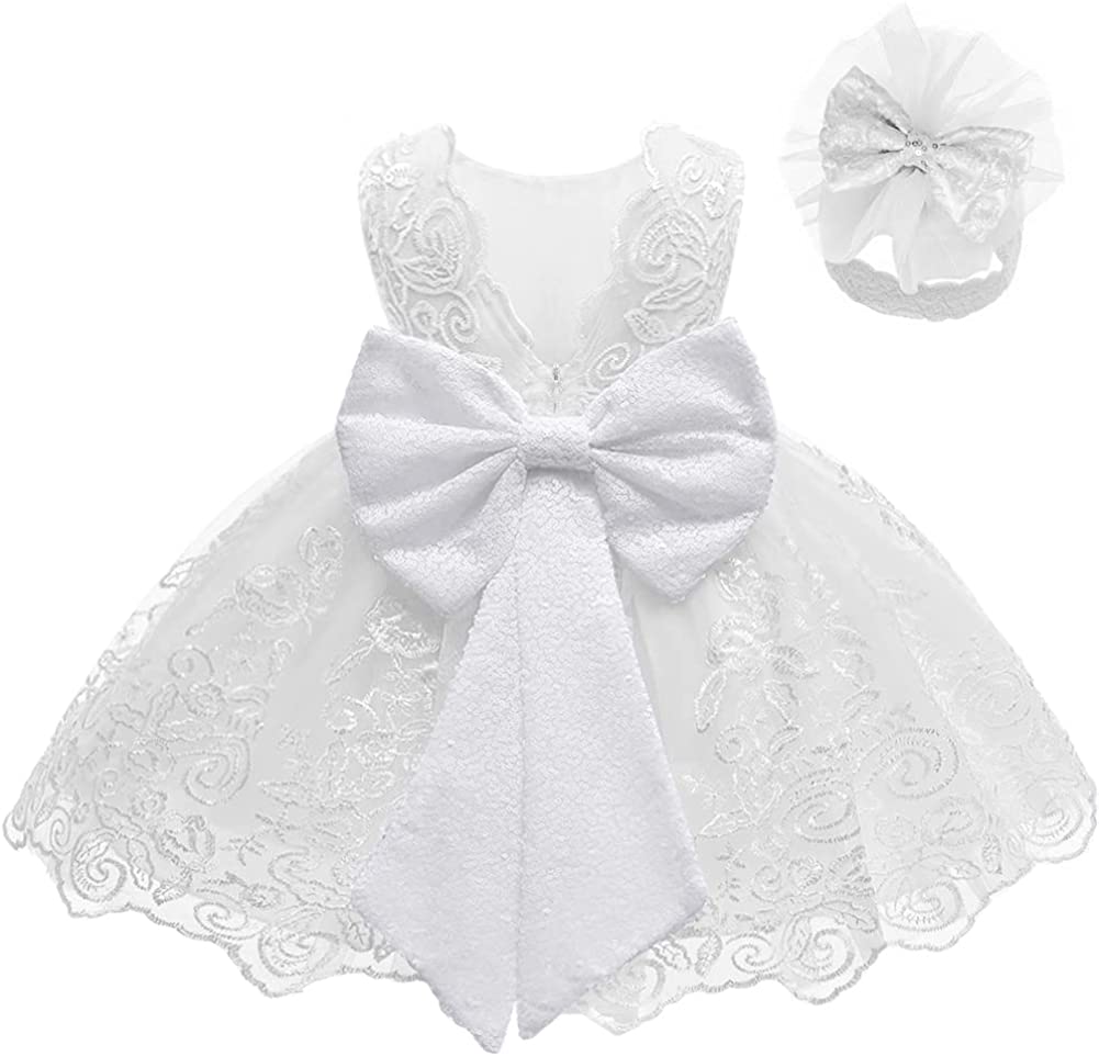 Baby Girls Ruffle Lace Backless with Headwear,Bowknot Flower Dresses Pageant Party Wedding Baby Girl Dress-Dress-ridibi