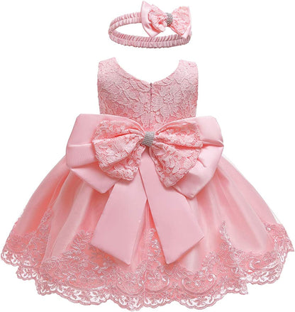 Baby Girls Ruffle Lace Backless with Headwear,Bowknot Flower Dresses Pageant Party Wedding Baby Girl Dress-Dress-ridibi