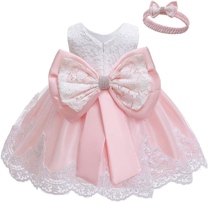 Baby Girls Ruffle Lace Backless with Headwear,Bowknot Flower Dresses Pageant Party Wedding Baby Girl Dress-Dress-ridibi