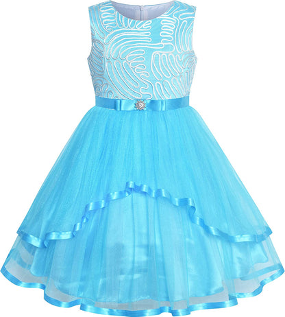 Sunny Fashion Flower Girls Dress Blue Belted Wedding Party Bridesmaid Size 4-12-Dress-ridibi