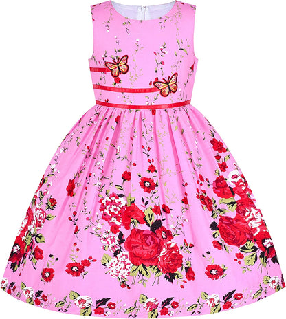 Girls Dress Rose Flower Double Bow Tie Party Sundress-Dress-ridibi