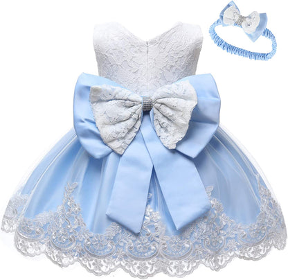 Baby Girls Ruffle Lace Backless with Headwear,Bowknot Flower Dresses Pageant Party Wedding Baby Girl Dress-Dress-ridibi