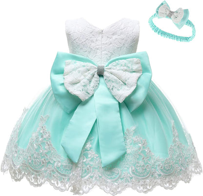 Baby Girls Ruffle Lace Backless with Headwear,Bowknot Flower Dresses Pageant Party Wedding Baby Girl Dress-Dress-ridibi