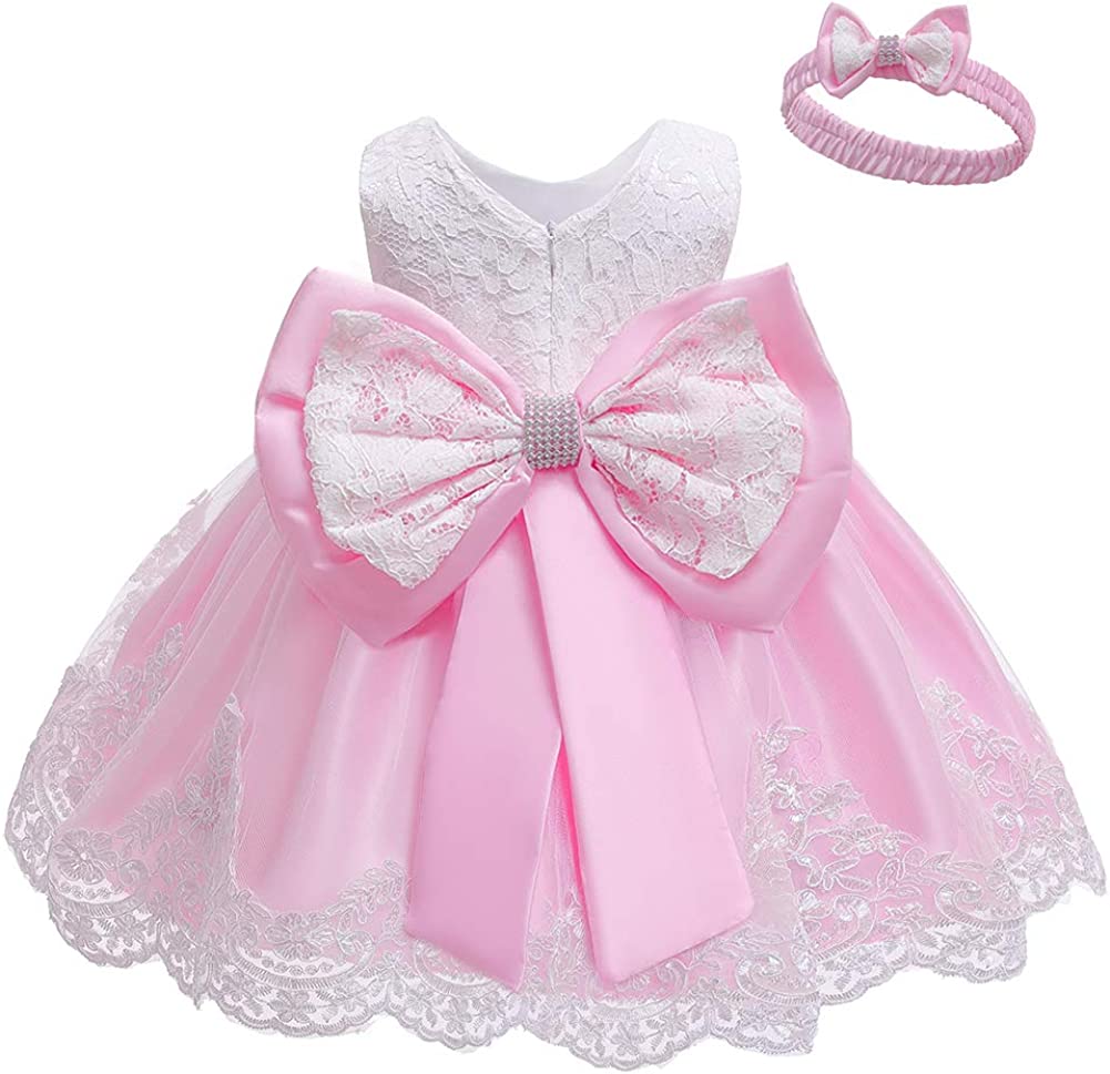 Baby Girls Ruffle Lace Backless with Headwear,Bowknot Flower Dresses Pageant Party Wedding Baby Girl Dress-Dress-ridibi