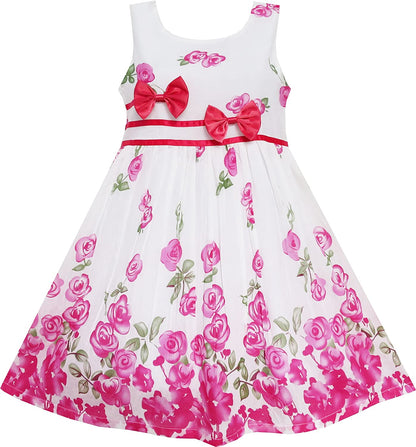 Girls Dress Rose Flower Double Bow Tie Party Sundress-Dress-ridibi