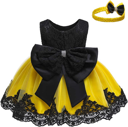 Baby Girls Ruffle Lace Backless with Headwear,Bowknot Flower Dresses Pageant Party Wedding Baby Girl Dress-Dress-ridibi