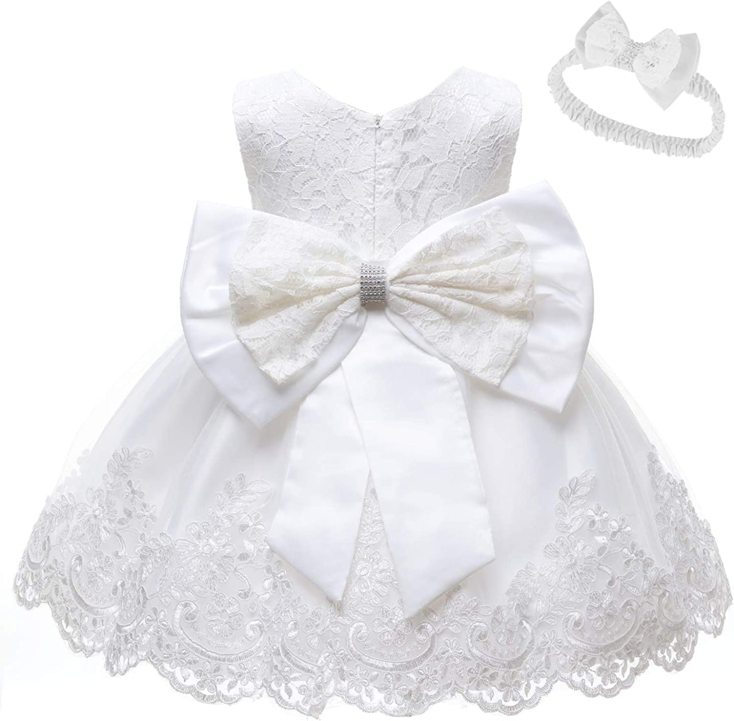 Baby Girls Ruffle Lace Backless with Headwear,Bowknot Flower Dresses Pageant Party Wedding Baby Girl Dress-Dress-ridibi