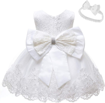 Baby Girls Ruffle Lace Backless with Headwear,Bowknot Flower Dresses Pageant Party Wedding Baby Girl Dress-Dress-ridibi