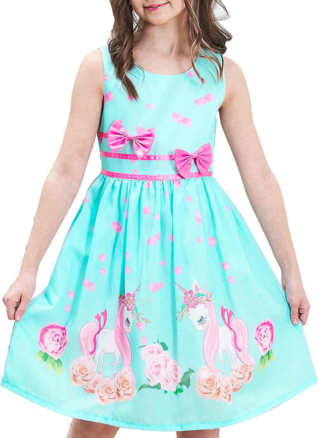 Girls Dress Rose Flower Double Bow Tie Party Sundress-Dress-ridibi