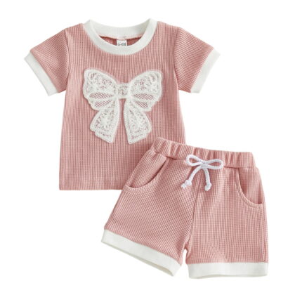 6-12 Month Girl Clothes Summer Kid Girls Clothes Outfits Cute Sweet Bowknot Print T-Shirt + Bowknot Short Summer Clothing Set